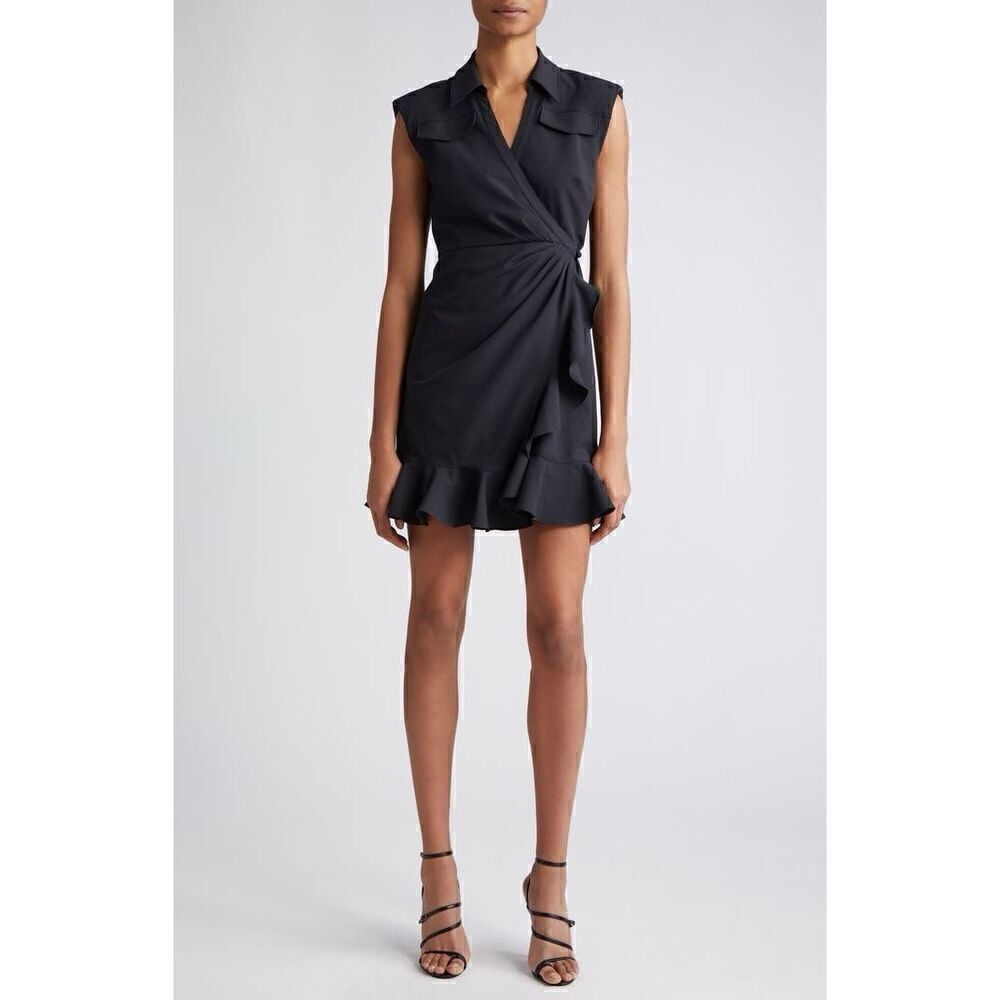 Cinq à Sept Women's Black Zenni Ruffle Sleeveless Wrap Dress Size 16 NWOT